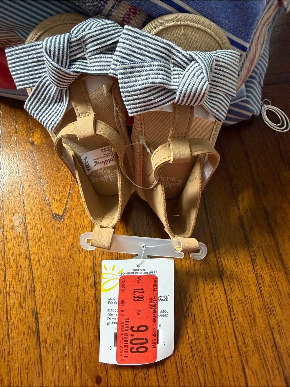 Kids Tan Bow Sandals with Striped Bow Accent